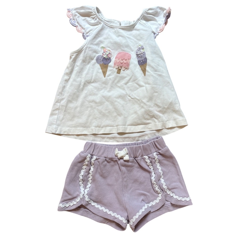 Isaac‎ Mizrahi Short Set Kids White Purple Good Ice Cream Applique SIZE 18M